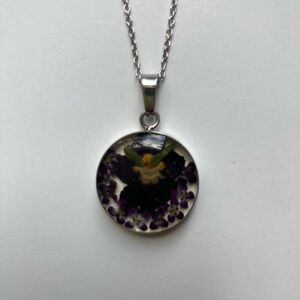Sterling Silver Purple Flowers In Acrylic Pendant on 16” Chain